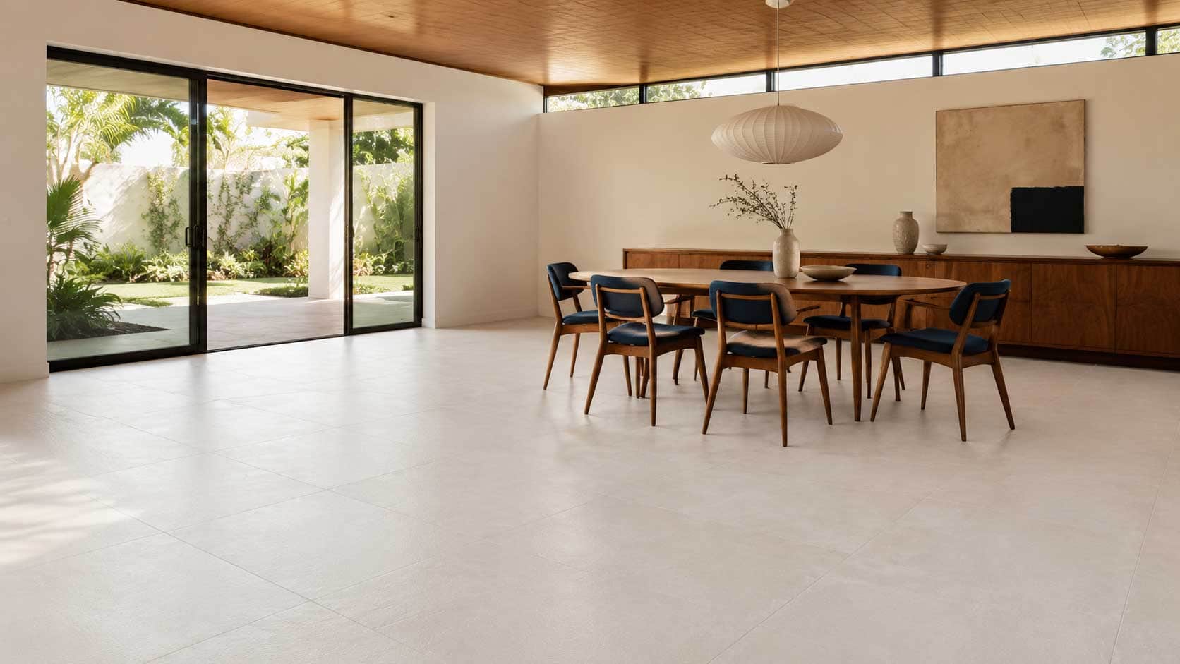 Dining room with off-white flooring and sliding doors opening to a garden.