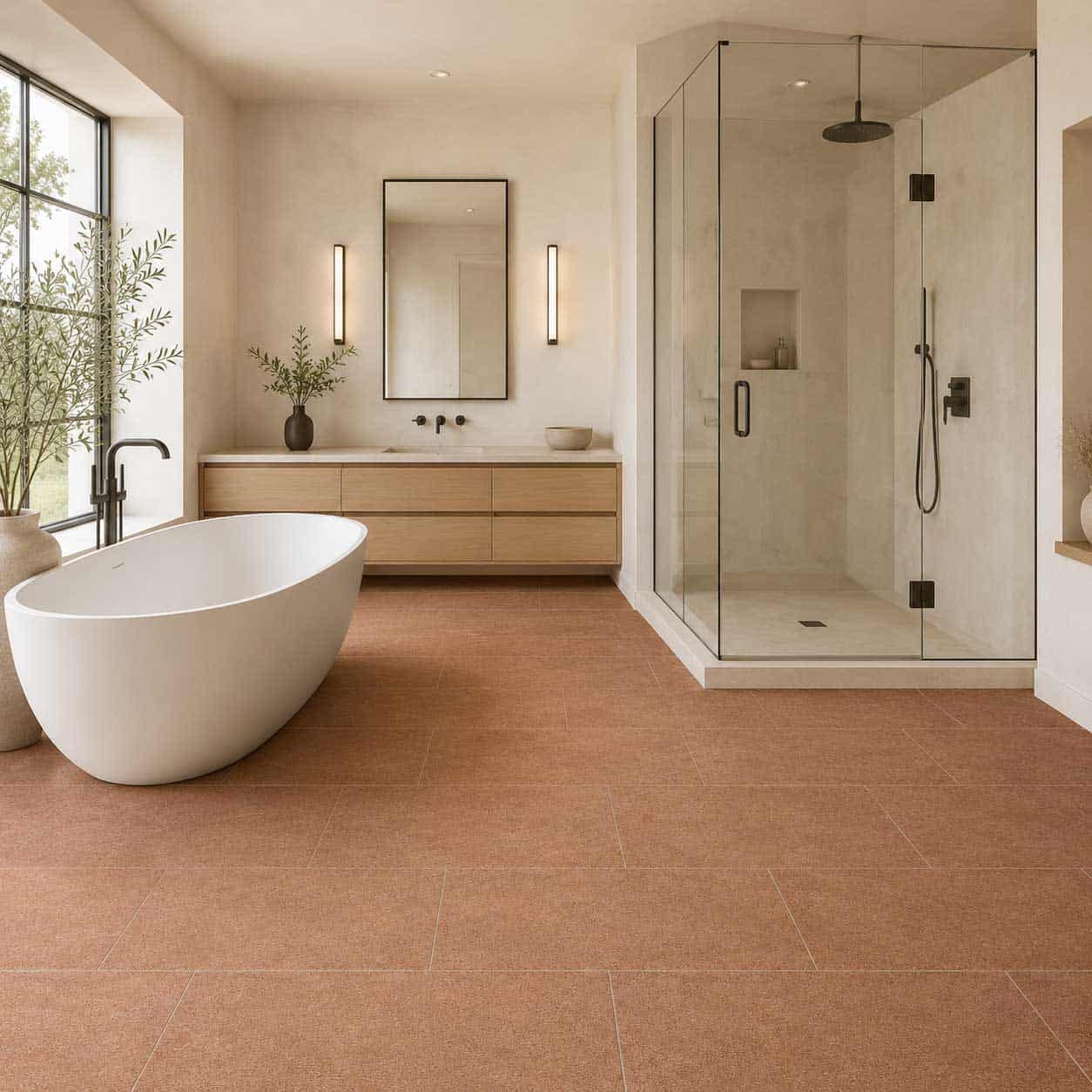 Bathroom with terracotta-colored floor tile, a freestanding tub and a glass shower.