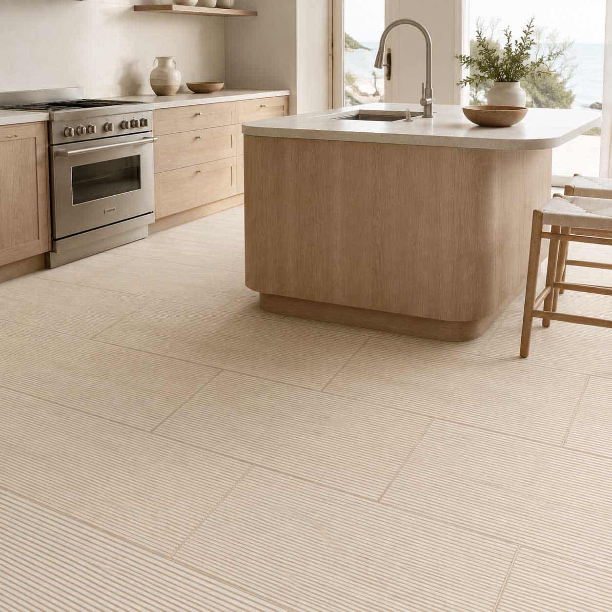 Kitchen with sand-colored ribbed tile flooring and a wood island.