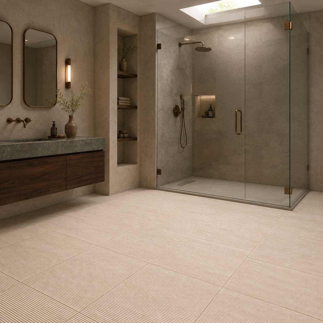 Bathroom with sand-colored ribbed tile flooring and a glass shower.