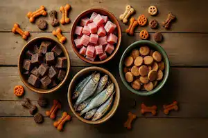 different types of best dog training treats in 2025 displayed in small bowls