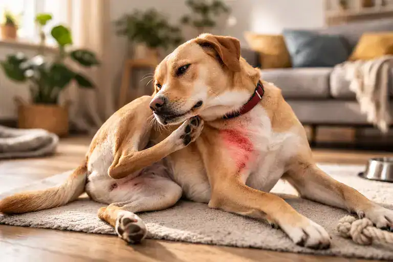 Signs of food allergies in dogs including persistent itching and skin irritation