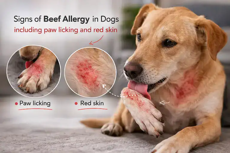 signs of beef allergy in dogs including paw licking and red skin