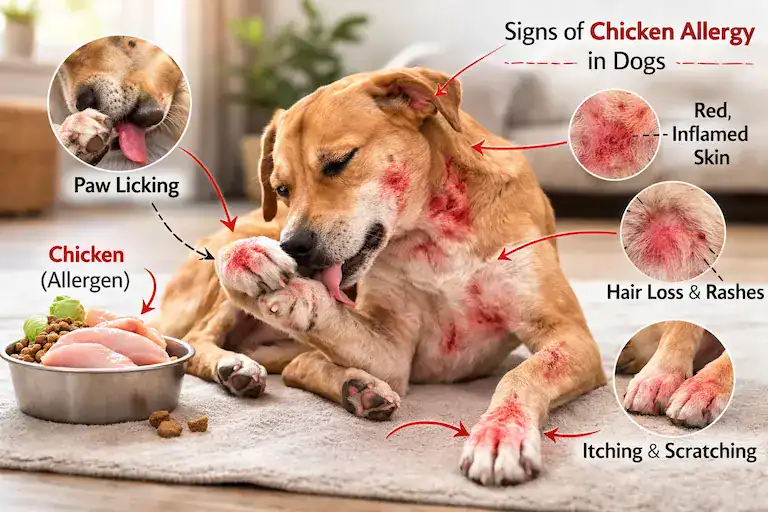 signs of chicken allergy in dogs including paw licking and red skin