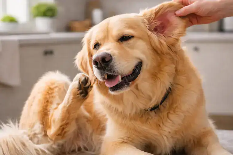 dog showing symptoms of food allergy including itching and ear inflammation