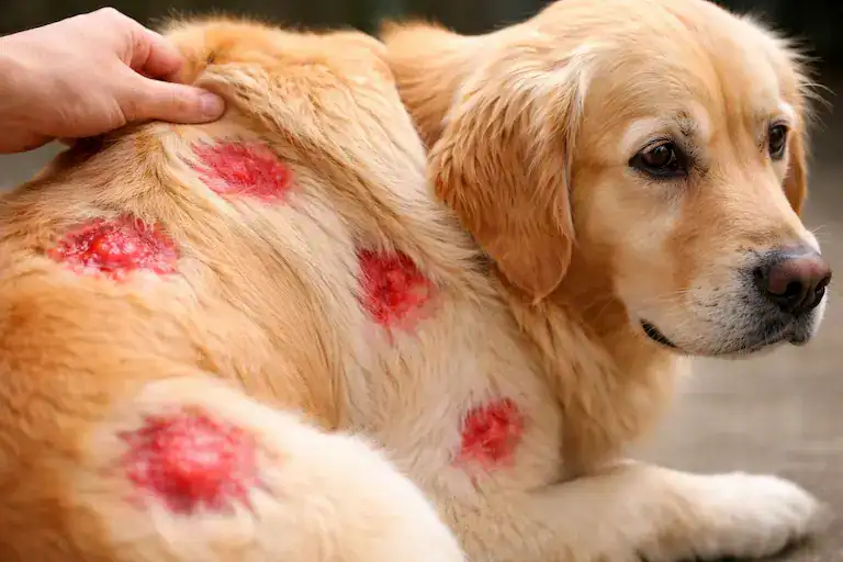 hot spots from dog allergies causing red inflamed skin on a dog's body