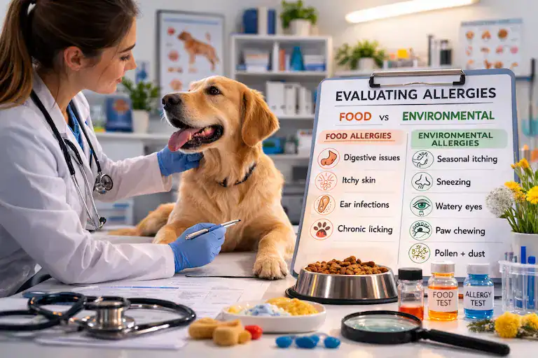 veterinarian evaluating dog for food vs environmental allergies