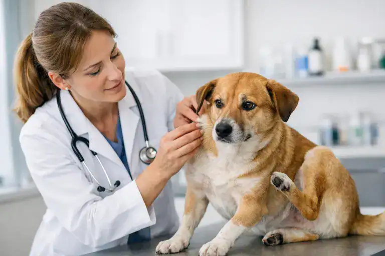 veterinarian evaluating dog for suspected grain allergy