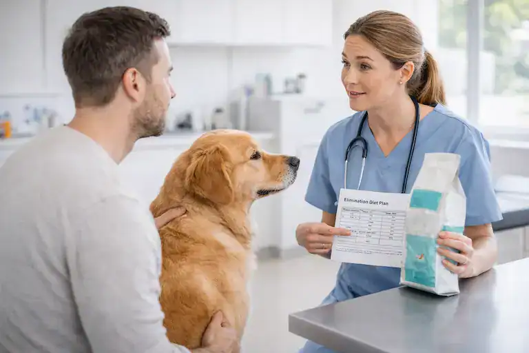 veterinarian recommending elimination diet for suspected chicken allergy in dogs