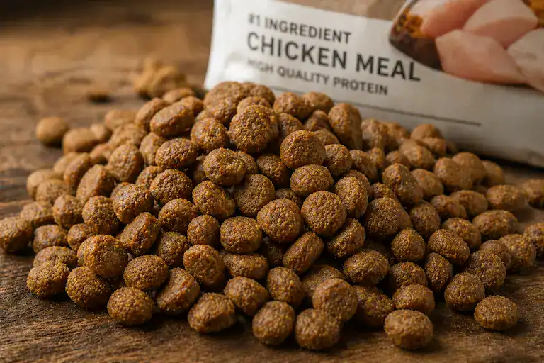 Chicken meal in dog food shown in a high-quality close-up view of dry kibble texture