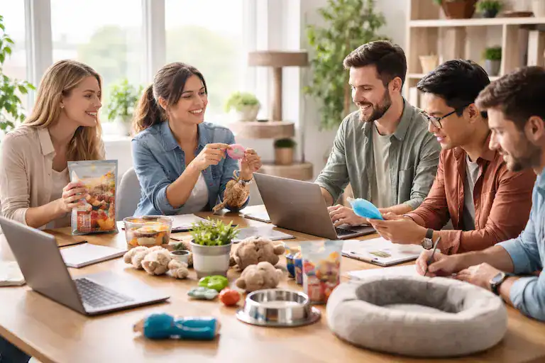 About BestForYourPet team reviewing pet products for dogs and cats in a modern workspace