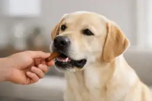 dog allergy supplement chew being given happy healthy dog no itching