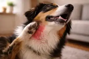 dog scratching neck allergy symptoms red irritated skin close-up