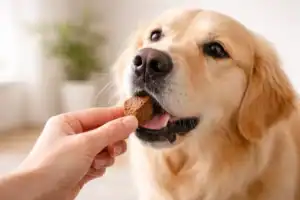 dog taking probiotic supplement chew for allergy support