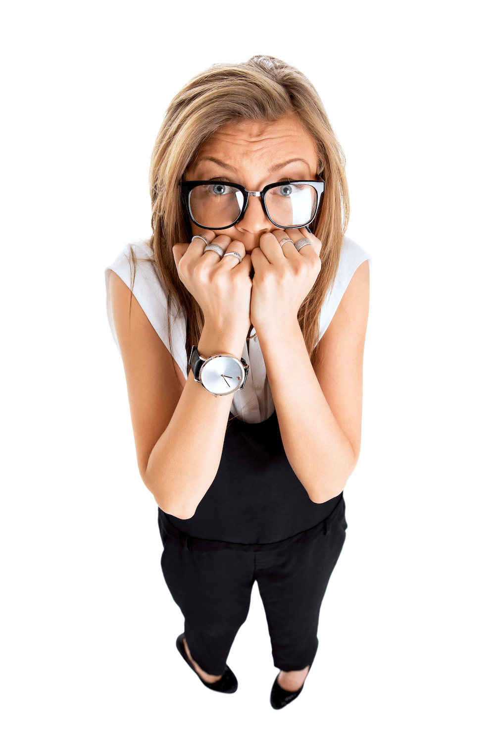 panicked woman with fists covering her mouth.