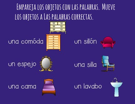 Empareja los objetos con las palabras. Mueve los objetos a las palabras correctas. Dresser, mirror, bed, chair, stuffed chair, sink