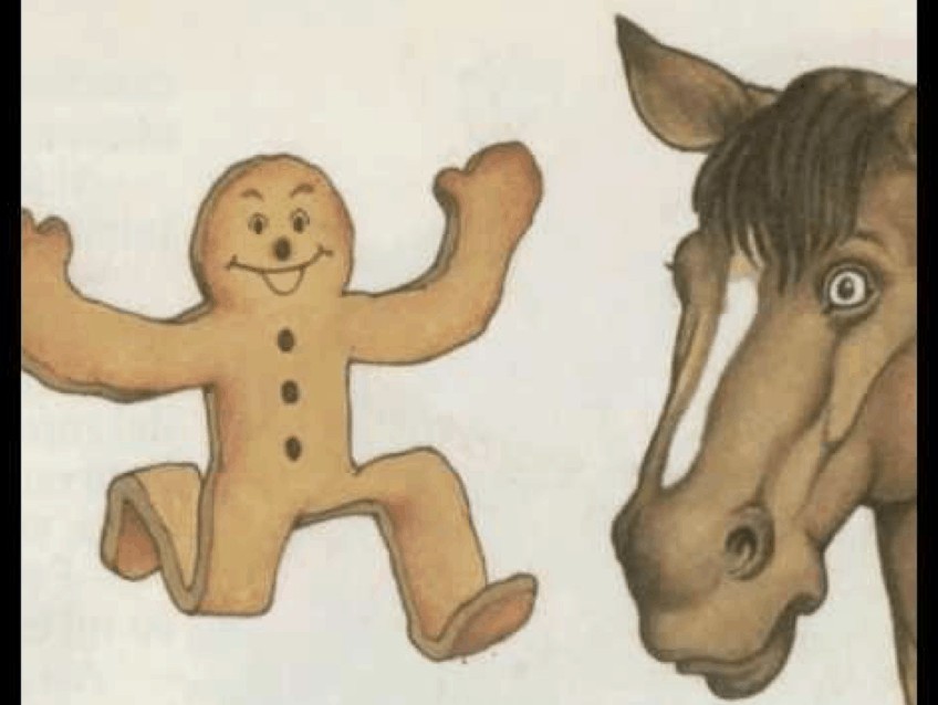 Cuentos, TPR Stories, pictue of a ginger bread man running and a horse
