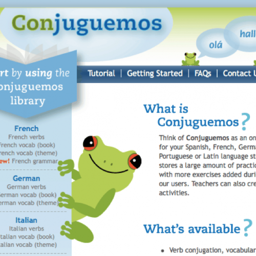 tutorials and grammar help; Conjuguemos with a green frog peeking out