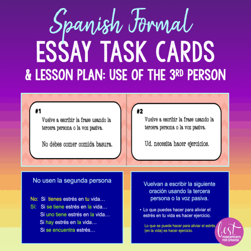 Spanish Formal Essay Task Cards & Lesson Plan: Use of the Third Person