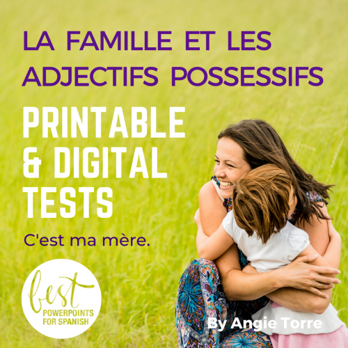 French Family and possessive adjectives digital and printable tests and activities Mother holding a chlld in a field