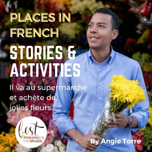 Places in French Stories and Activities Man buying flowers. Il va au supermarché et achète de jolies fleurs.