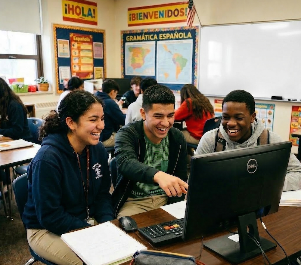 Students smiling and collaborating during a language learning session in a vibrant classroom.