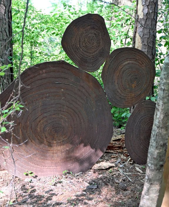 steel sculpture of tree rings