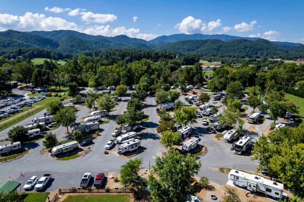 An aerial view of Big Meadows Campground nestled in the mountains.