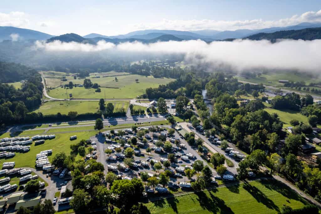 An aerial view of Big Meadows Campground nestled in the mountains.