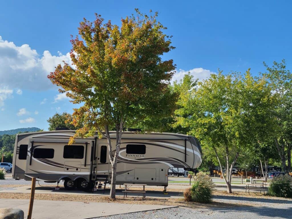 An rv parked in a parking lot.