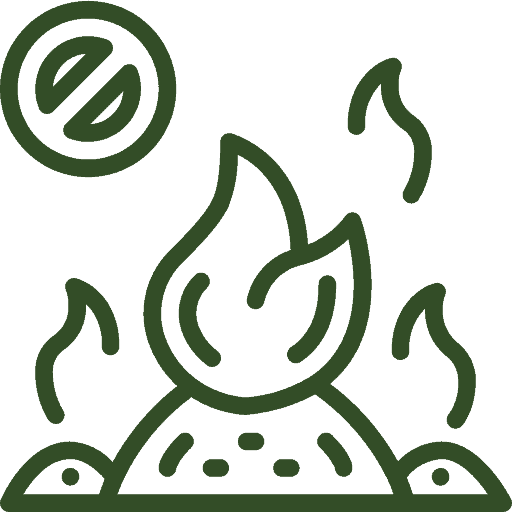 A green icon of a campfire on a black background.