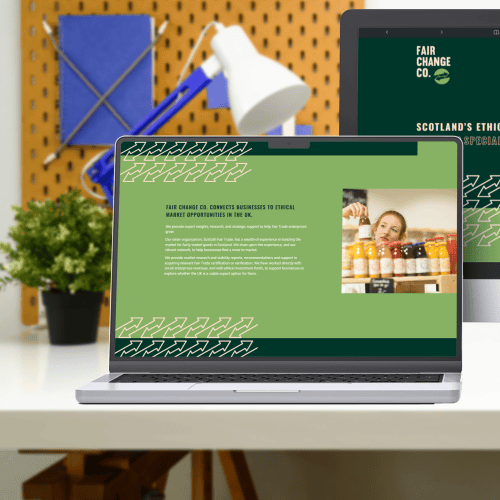 Laptop displaying Fair Change Co. ethical business website in Dundee.