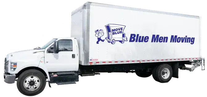 Moving truck with Blue Men Moving logo for local and long-distance moves in Columbus, Ohio.