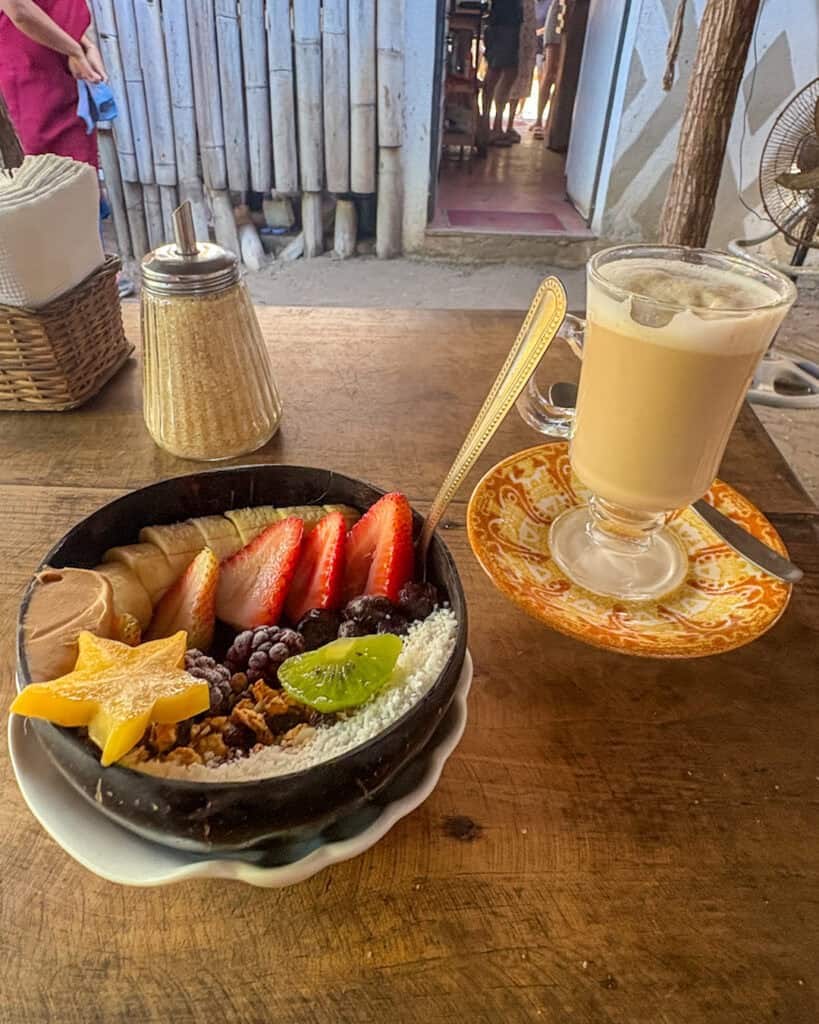 the Acai bowl and Cappuccino from my visit to cafecito del mar in el paredon Guatemala