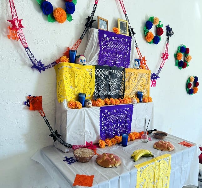 altar for Day of the Dead with three levels