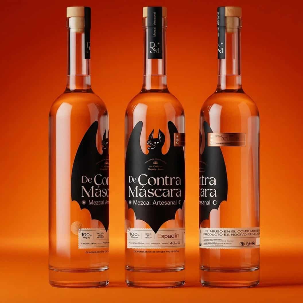 Mezcal DeContra packaging by Nani Astúa, handcrafted brand identity with bold folk art