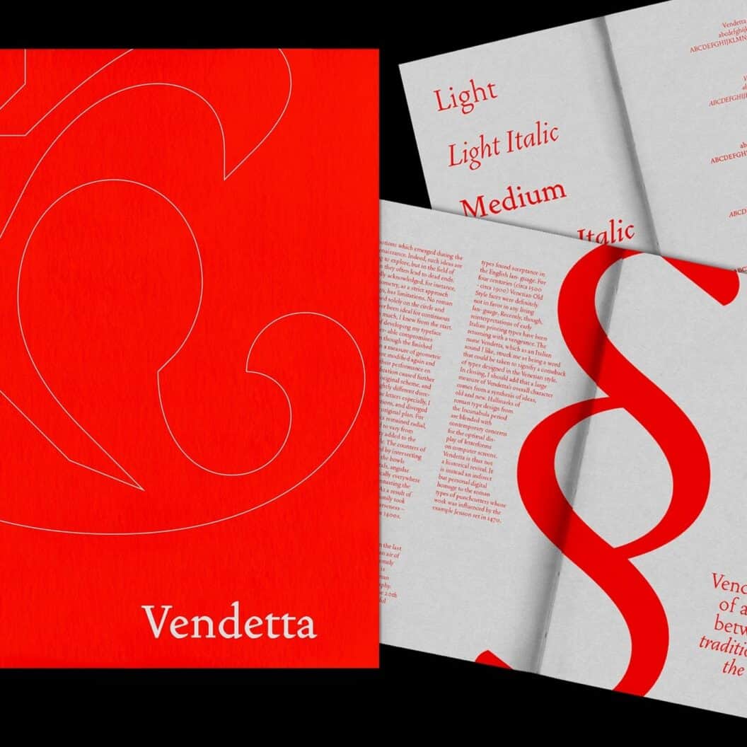 Vendetta Typeface Specimen, Curated Book Layouts and Refined Typographic System