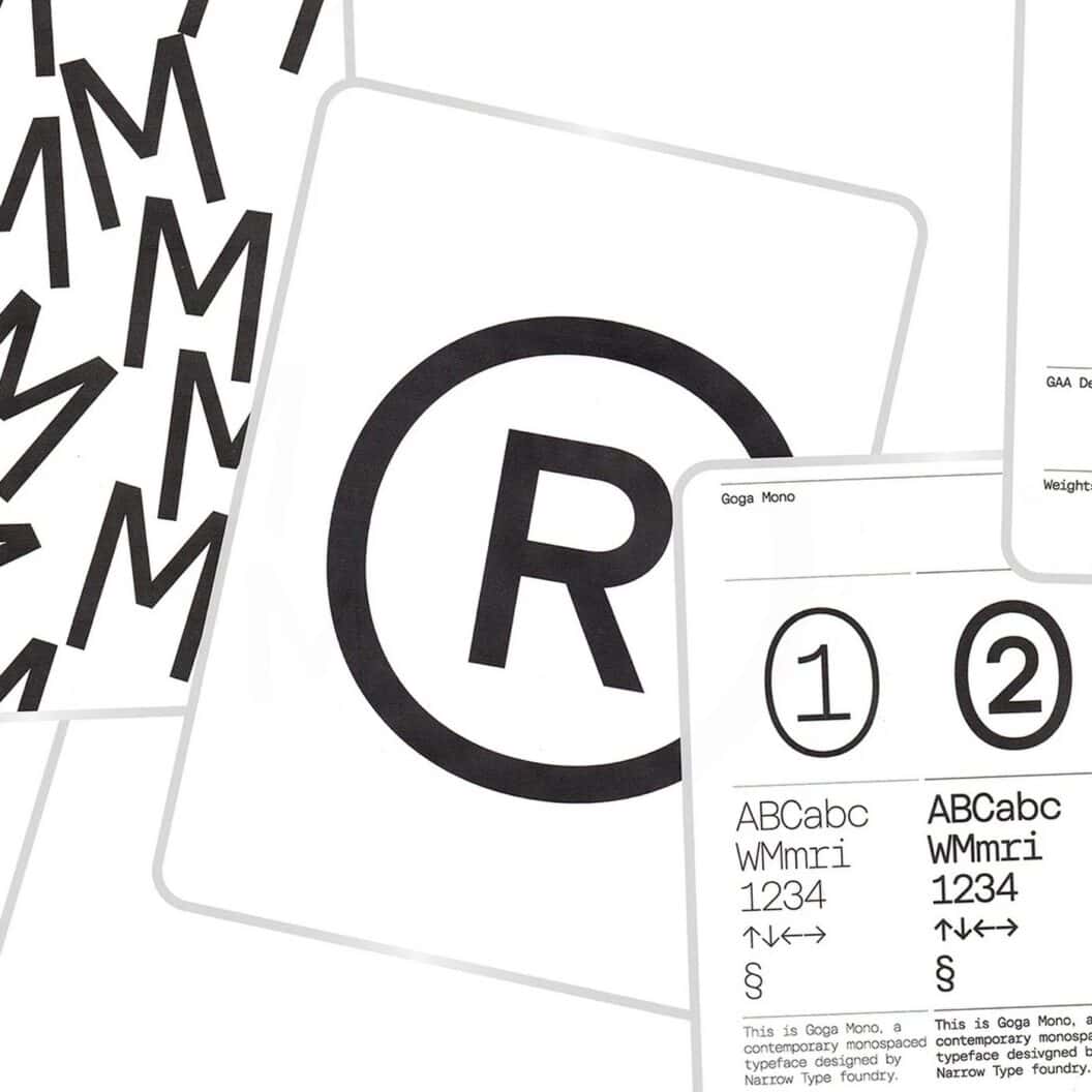 Goga Mono monospaced specimen, narrow typeface showcase for designers, developers and branding