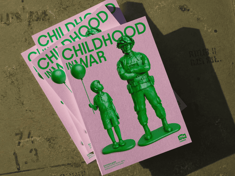 Johnson Banks transforms the green toy soldier, bold redesign for IWM London's Childhood in War