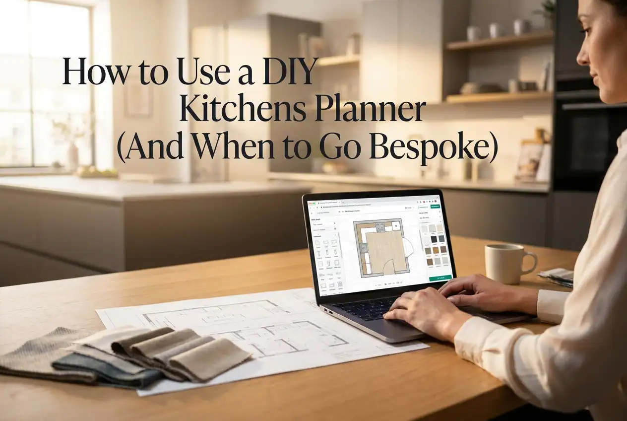 Person using a laptop to plan a kitchen layout with a DIY kitchen planner software in a modern kitchen setting.