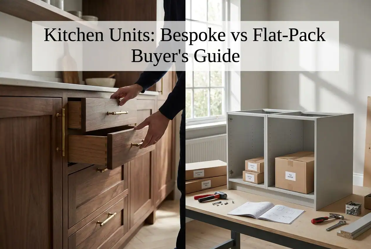 Comparison of bespoke wooden kitchen units and flat-pack kitchen units with tools and packaging in a modern kitchen setting.