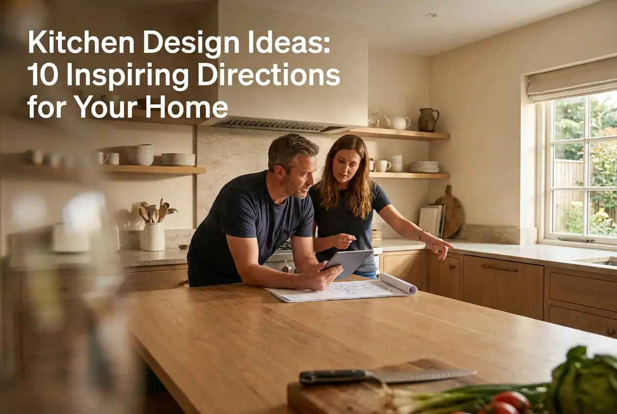 Two people discussing kitchen design ideas in a bright, modern kitchen with wooden cabinets and open shelving.
