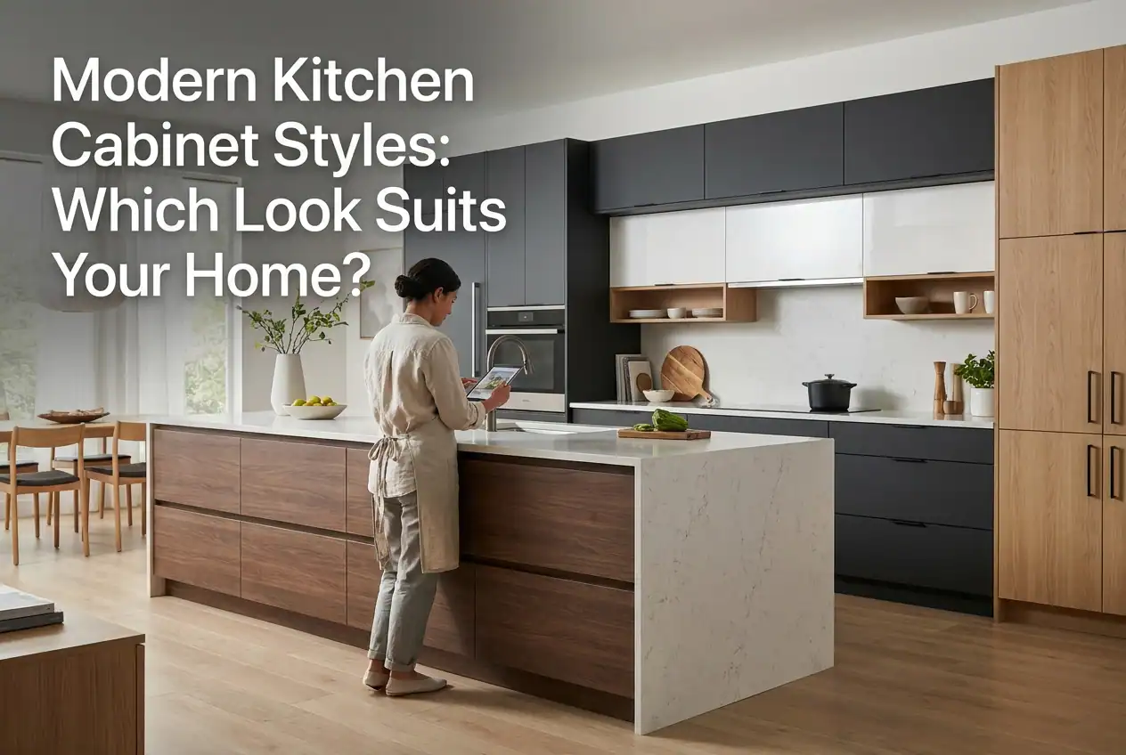 Contemporary kitchen with sleek black, white, and wooden cabinets, featuring a central island and modern appliances, showcasing stylish kitchen design.