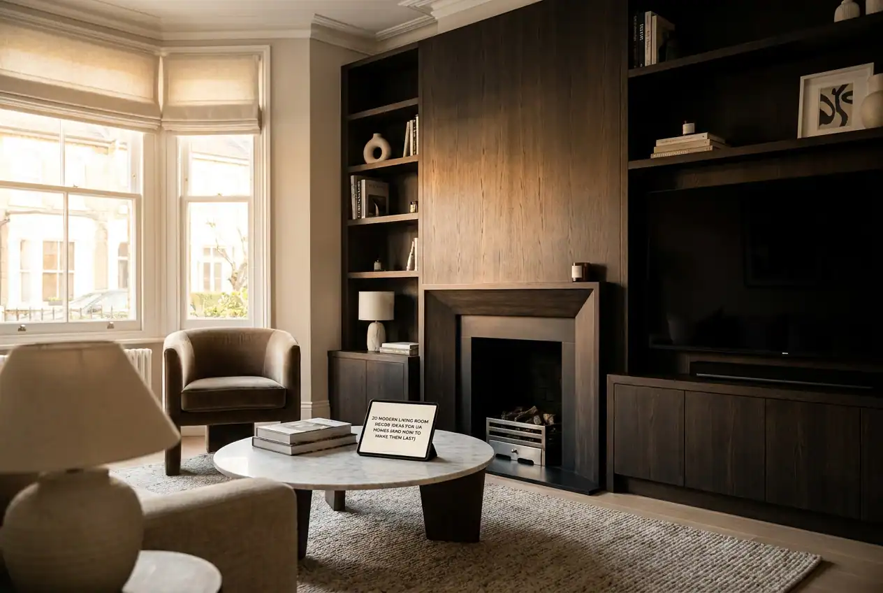 Contemporary living room featuring custom-built Broadoak Kitchens cabinetry, a fireplace, and a large flat-screen TV, with natural light from large windows.