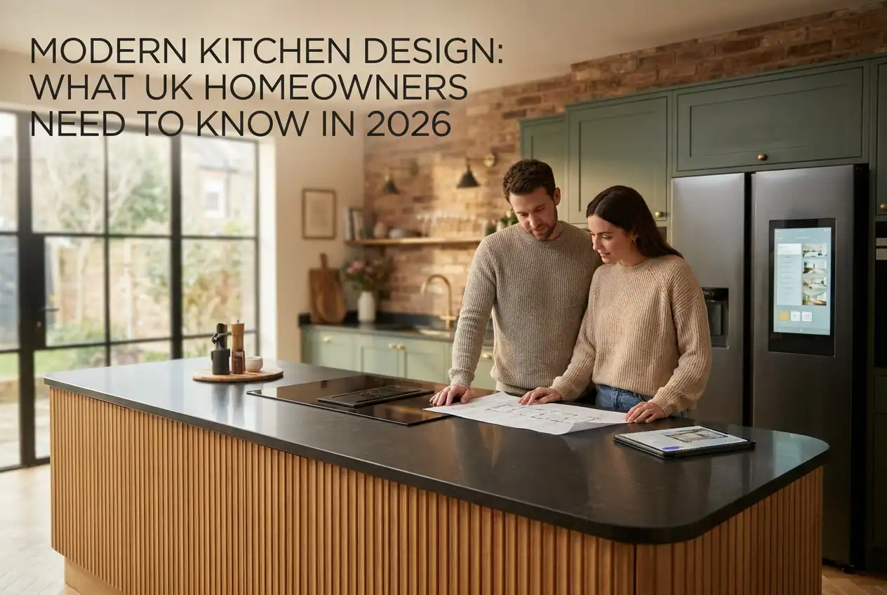 Two homeowners reviewing kitchen design plans in a modern, stylish kitchen with green cabinets and a large island.