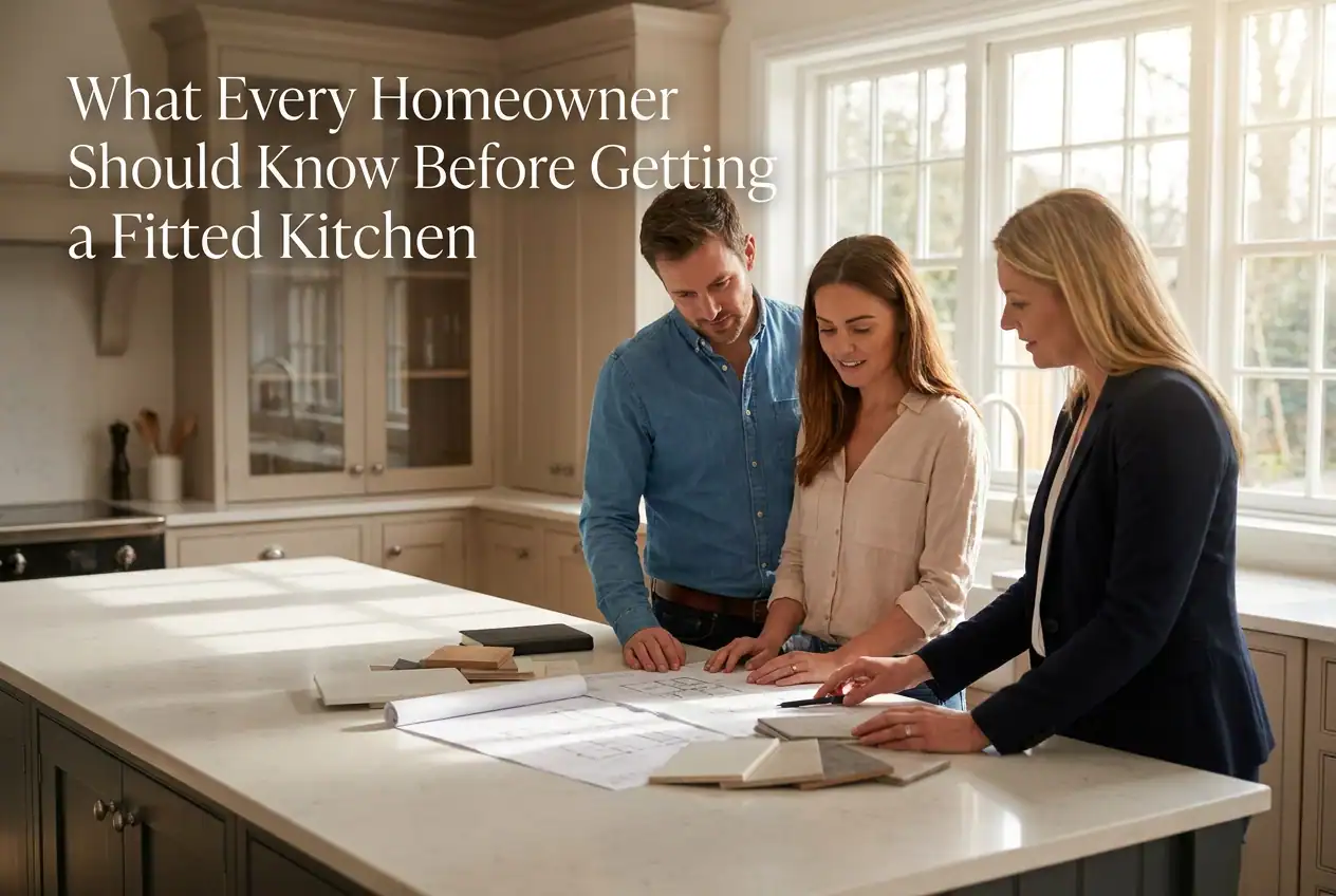 Homeowners discussing kitchen design plans in a bright, modern fitted kitchen with large windows and white cabinetry.