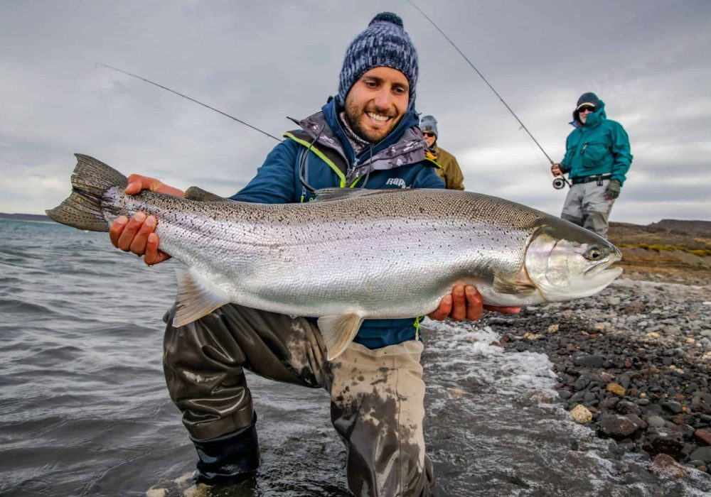 trophy rainbow trout at jurassic lake in argentina