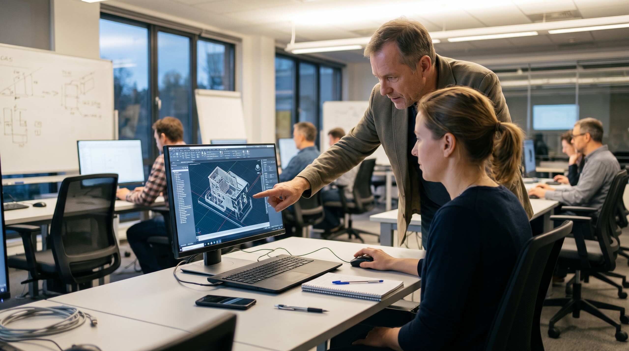 Un homme et une femme, dans un bureau, consultent une maquette architecturale en 3D sur un écran d'ordinateur lors d'une session de formation à la CAO.