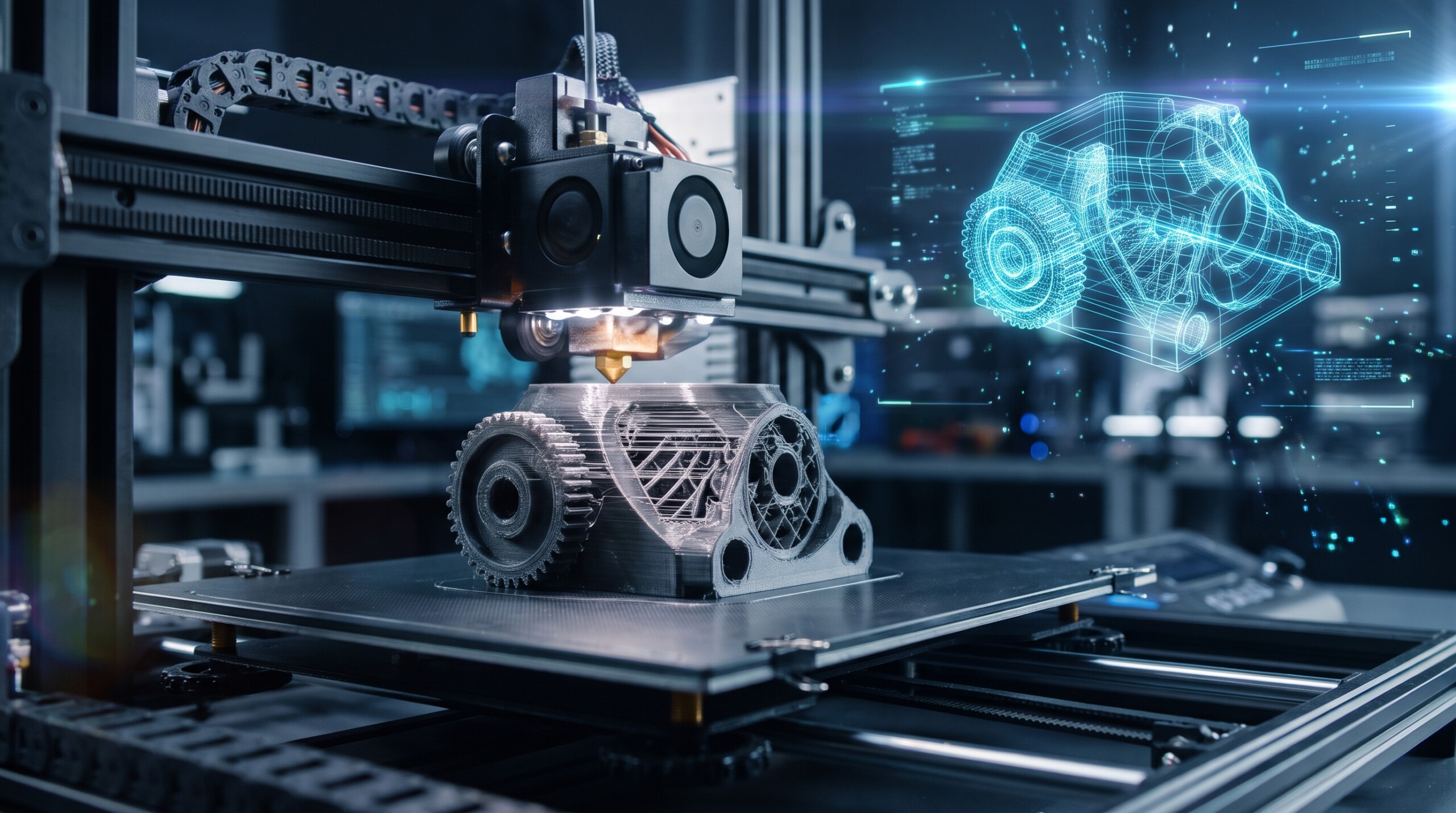 Une imprimante 3D en train de fabriquer une pièce mécanique au cours du processus de fabrication, visualisée à l'aide d'une superposition holographique numérique du modèle CAO.