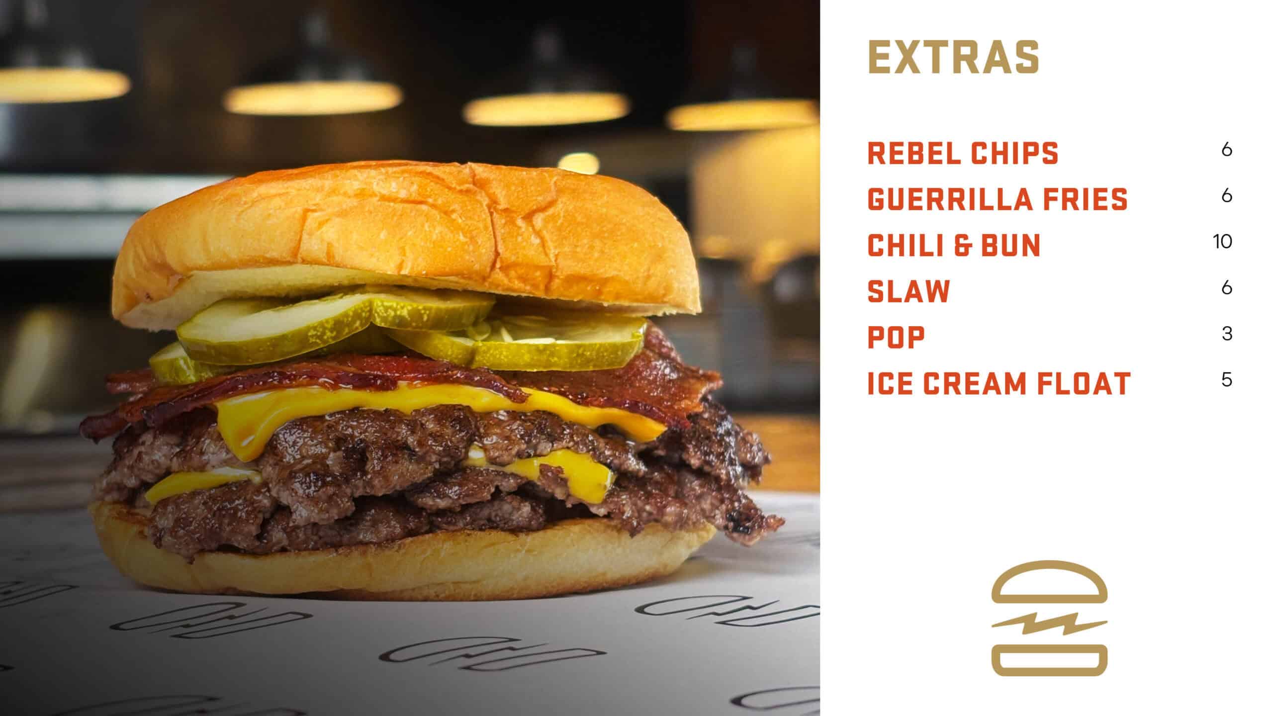 Juicy smash burger with pickles, cheese, and crispy beef patty at Burger Rebellion.